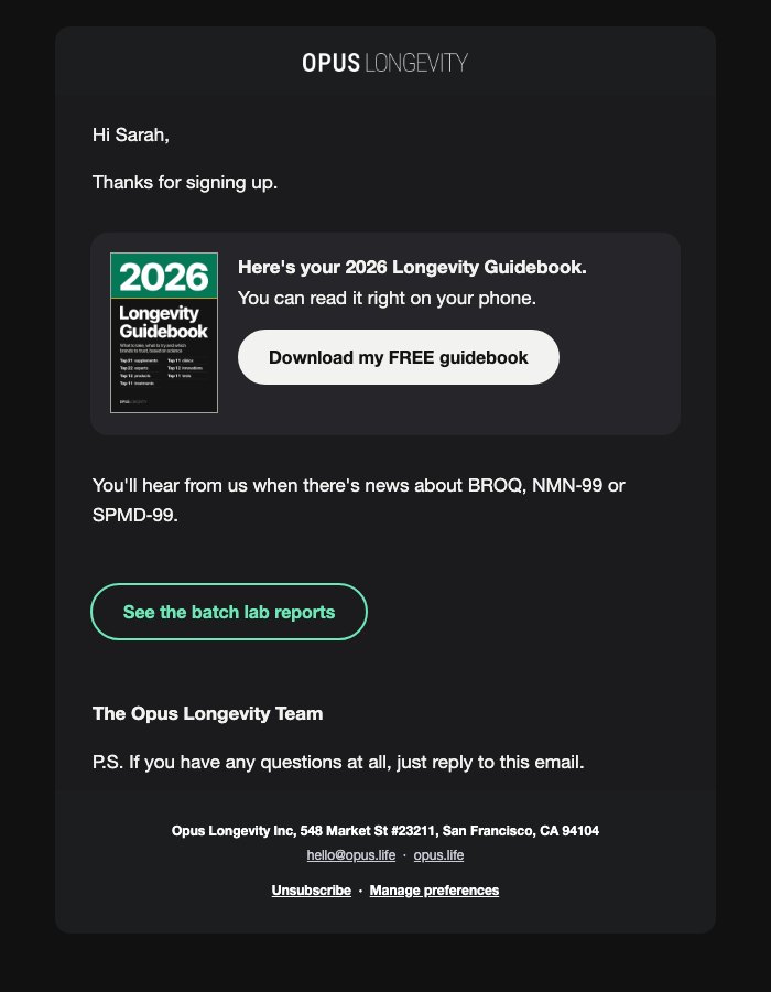 Ad page copy, desktop, dark mode. open the email