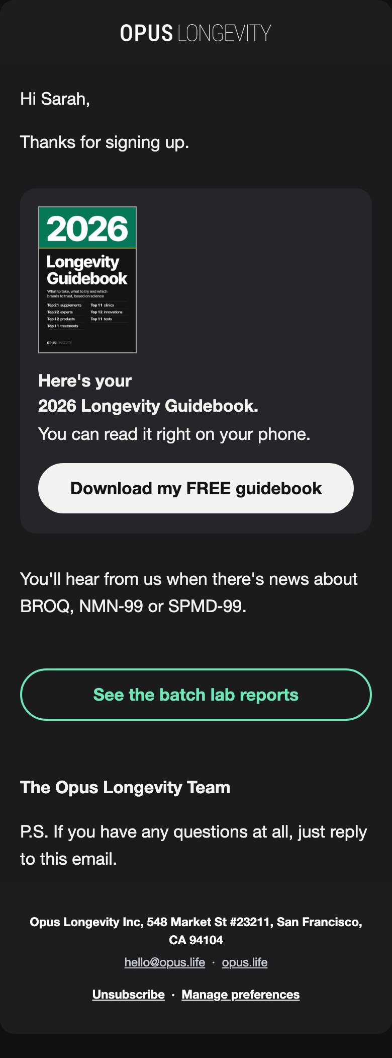 Ad page copy, phone, dark mode. open the email